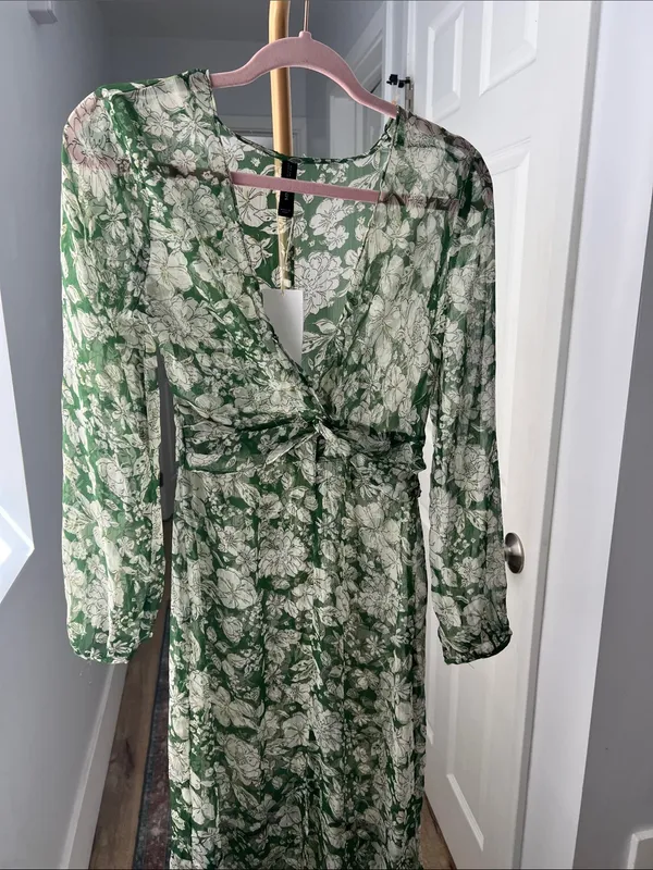 NWT Mango MNG Floral Sheer Green White Romantic Twist Front Midi Dress XS $129 - Image 6