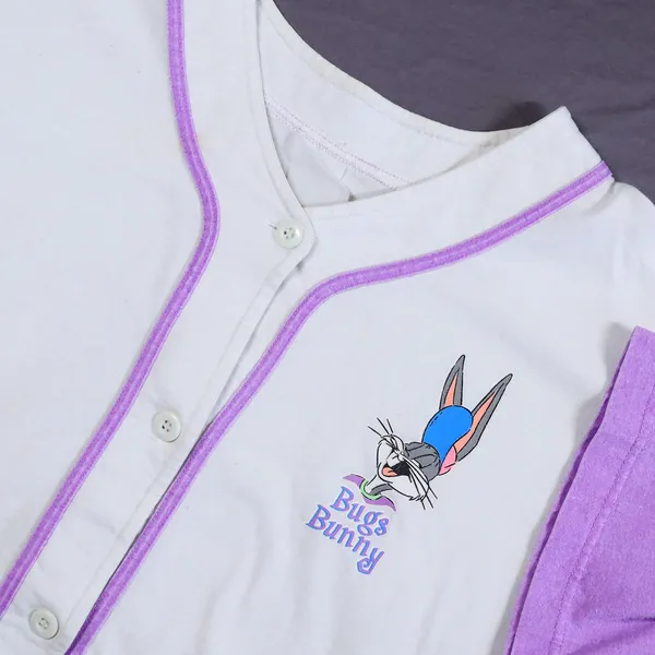 Vintage 90s Sun Sportswear Bugs Bunny Baseball Jersey Women Large White Purple - Image 3