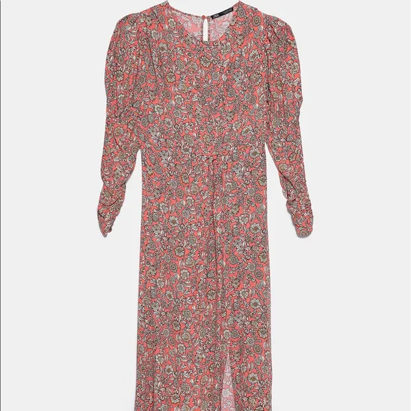 Zara FLORAL PRINTED DRAPED MIDI Flowy DRESS Long Sleeve Puff Shoulders Sz XS NEW - Image 15