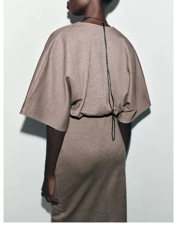 Zara Taupe Kimono-Sleeve Midi Dress with Black Belt - Image 4