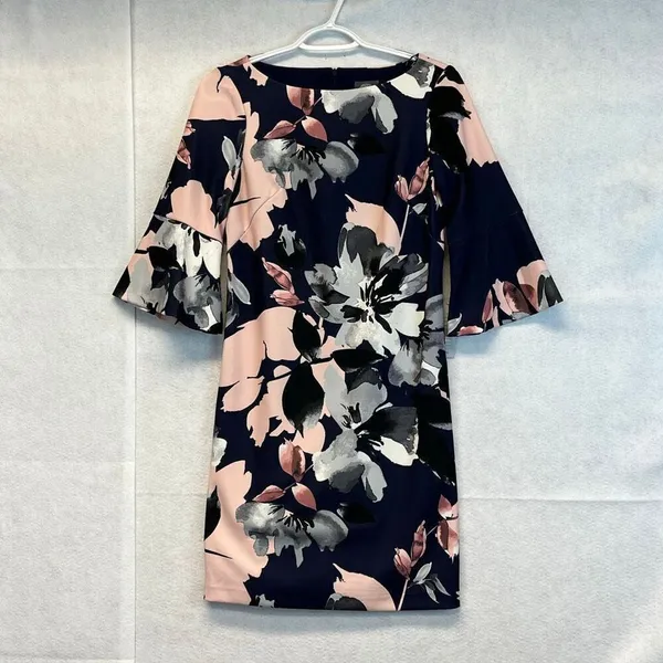 NWT VINCE CAMUTO Women’s Dress Sz 2‎ Navy Blue Floral Bell-Sleeve Shift Cocktail - Image 3