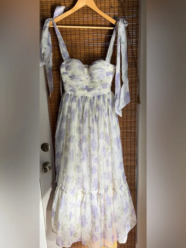 Rosberi Elle Lavender Rose Floral Bustier Tie Strap Maxi Dress XS - Image 4