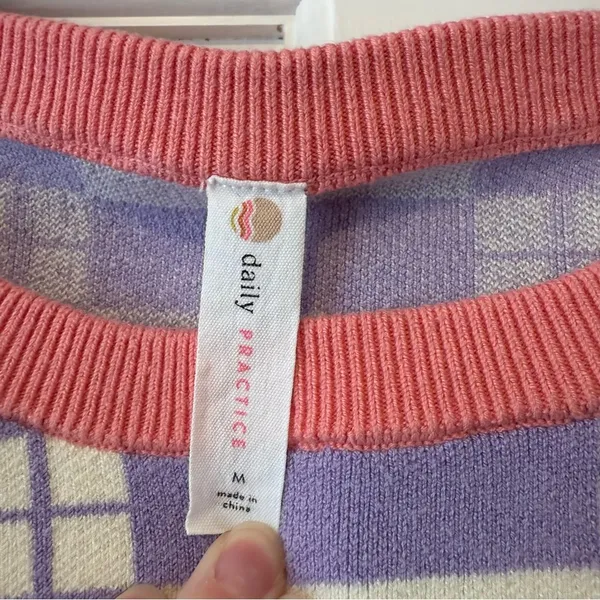 Anthropologie Daily Practice Plaid Purple & White Long-Sleeve Cropped Sweater M - Image 7