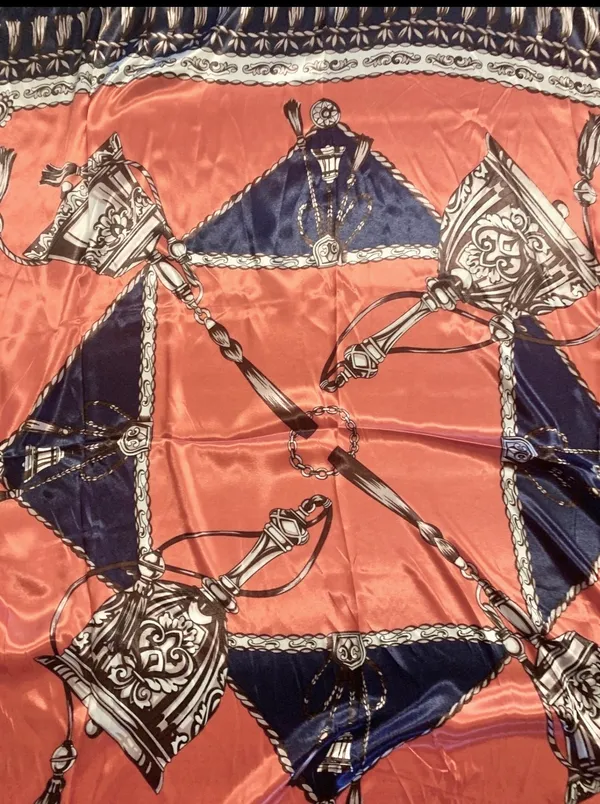 Vintage Large Antique Bells &Tassels blue/orange SQUARE SILKY SCARF 35/35 - Image 6