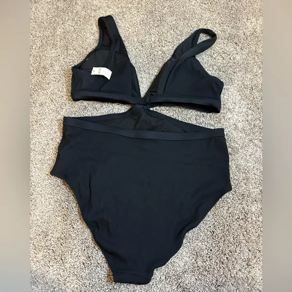 Aerie Ribbed Mix Crossover Cut Out One Piece Swimsuit Black NWT Size XL - Image 4