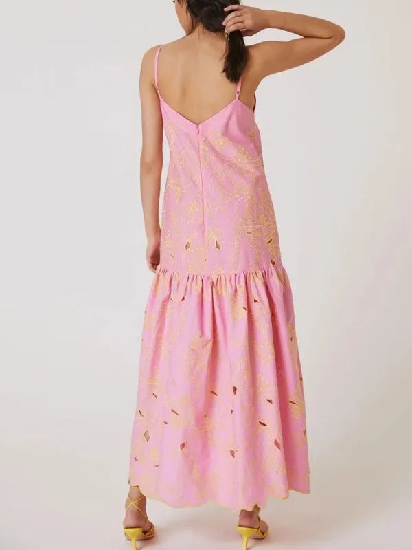 Anthropologie Beatrice B Abito Tessuto Pink Yellow Embroidered Maxi Dress Tank 0 - Image 2