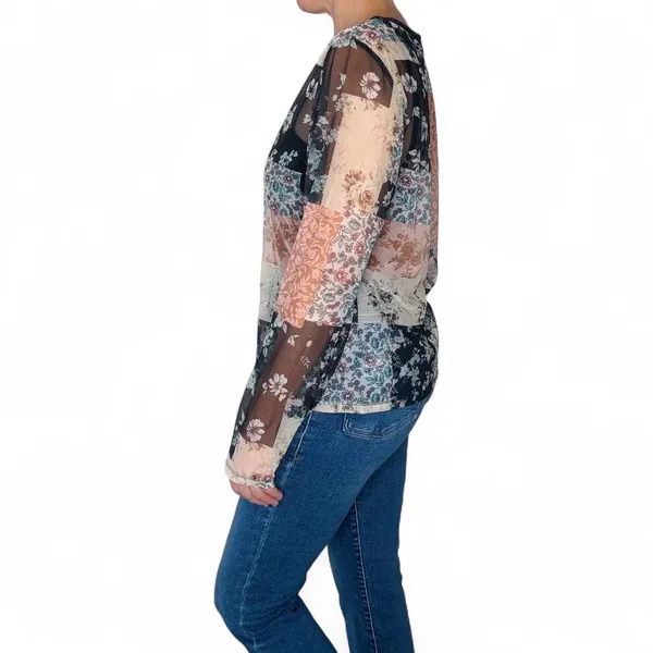 Colorful Floral Patchwork Boho Sheer Long Sleeve Shirt - Image 3