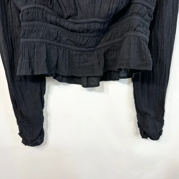 Free People Medium Top Chloe Long Sleeve‎ Smocked Black Regency Romantic 1296 - Image 6