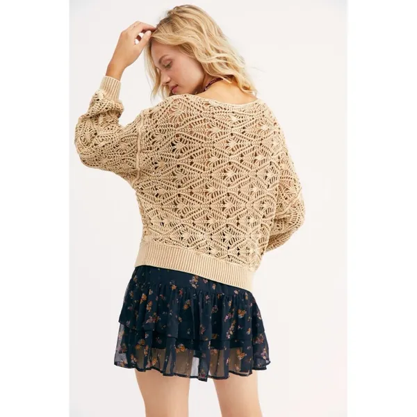NEW Free People Bittersweet Brown Off Shoulder Crochet Sweater Open Knit - Large - Image 4