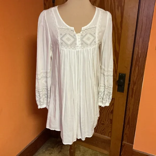 Mollorello White Embroidered Boho Tunic Top Peasant Babydoll Blouse Cottagecore - Image 10