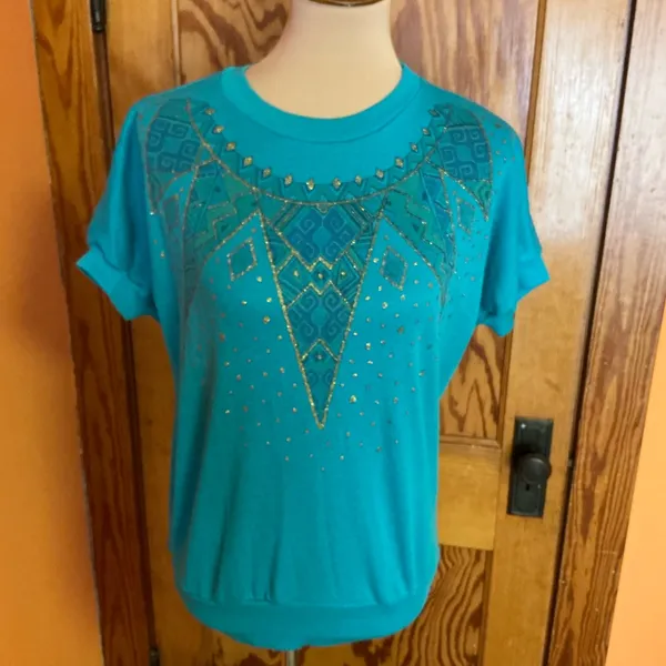 Vintage 80s Teal Gold Glitter Geometric Graphic Top Metallic Print Shirt - Image 7