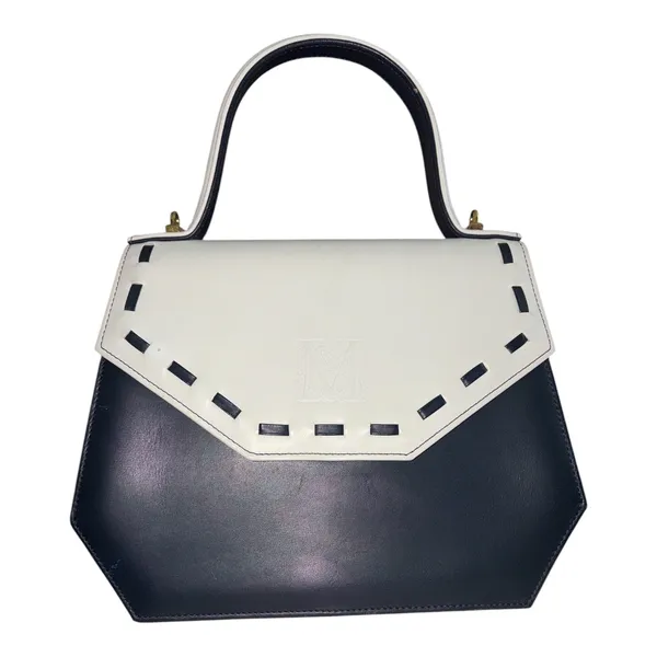 Vintage Madras Leather Crossbody Bag Top Handle Navy Blue Cream M logo - Image 3