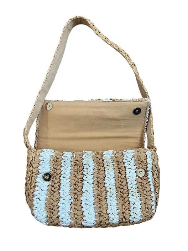Anthropologie Woven Straw Striped Shoulder Bag Coastal White Tan Small - Image 3