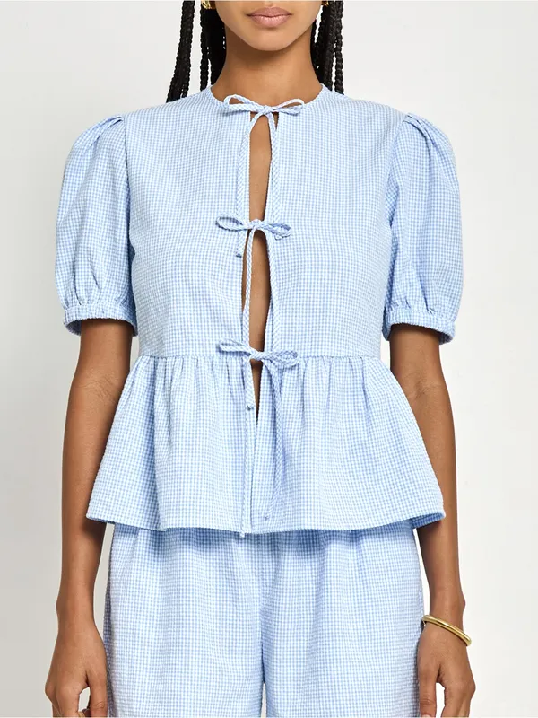 NWT Few Moda Una Set size XS Blue white gingham plaid shorts tie front top Kourt - Image 6
