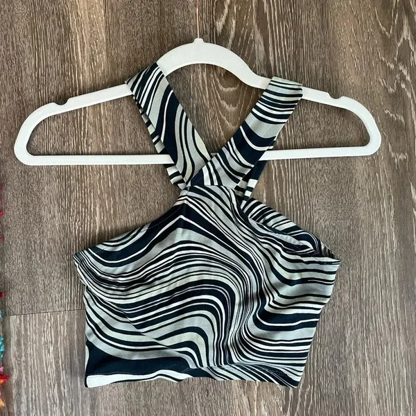 Y2K Marble Swirl Halter Crop Top Open Back Tie Neck Sleeveless Abstract Print S - Image 3