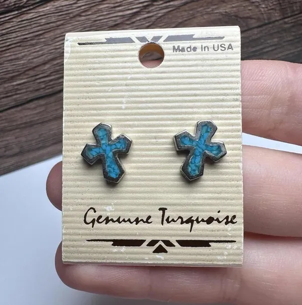 Genuine Turquoise Blue Cross Silver Tone Pierced Stud Earrings NWT Made In USA - Image 2