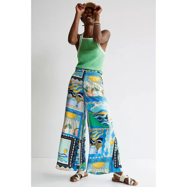 Maeve Anthropologie Sunshine Wide-Leg Pants Blue Tropical Scarf Print Size 4 - Image 2