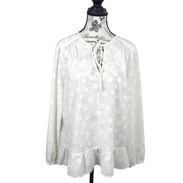Loft Women White Blouse Size L Swiss Dot Embroidered Lace Up Boho Ruffle Tunic Top - Image 2