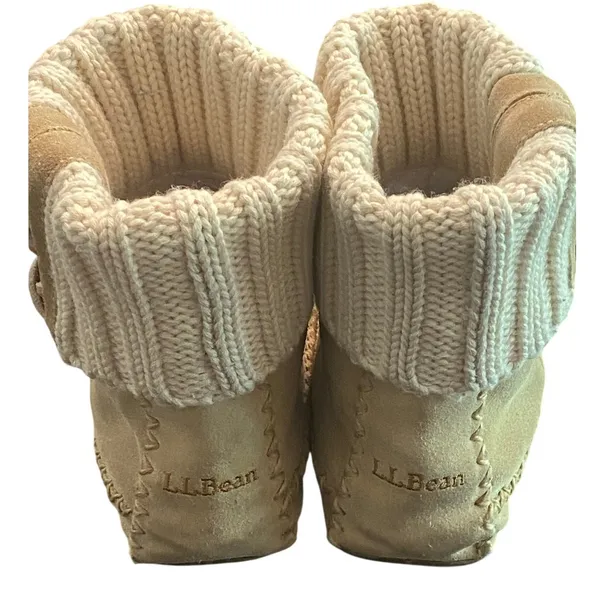 L.L.Bean‎ Shearling Slipper Boots Women’s 6 M Tan Suede Knit Cuff Moccasin Cabin - Image 3