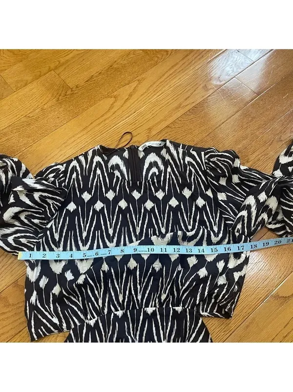 Zara Printed Midriff Cutout Brown Cream Ikat Tribal Puff Sleeve Maxi Dress Sz S - Image 13