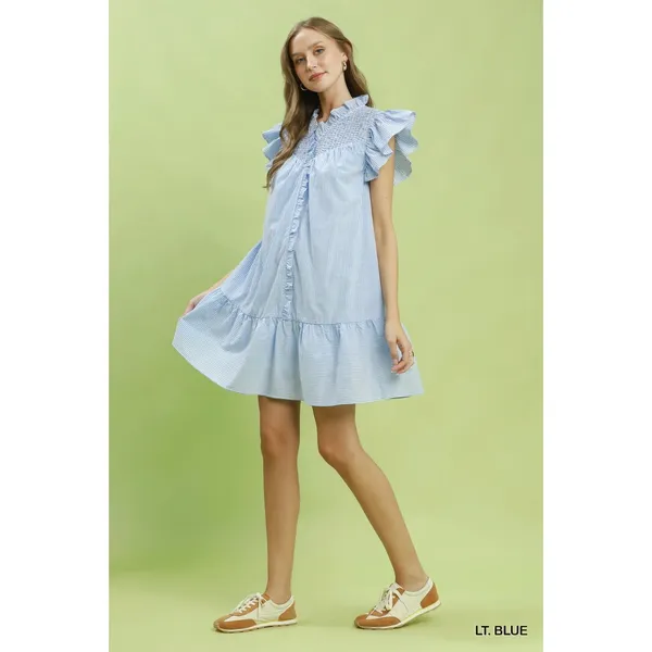 Umgee Stripe Smocked Yoke Ruffle‎ Dress - Lt. Blue - Small - Image 4