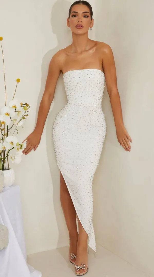 Oh Polly VIVICA Hand Embellished Asymmetric Midi Dress in White Bridal Dress - Image 3