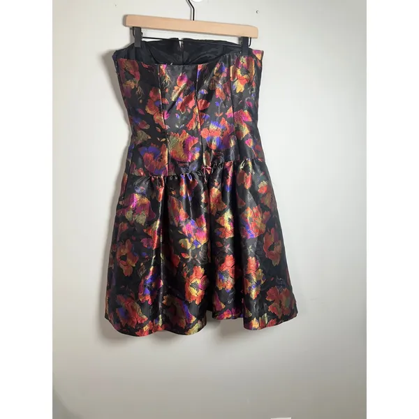 David Meister Vintage Floral Brocade‎ Strapless Mini Dress Black Multi Size 8 - Image 5