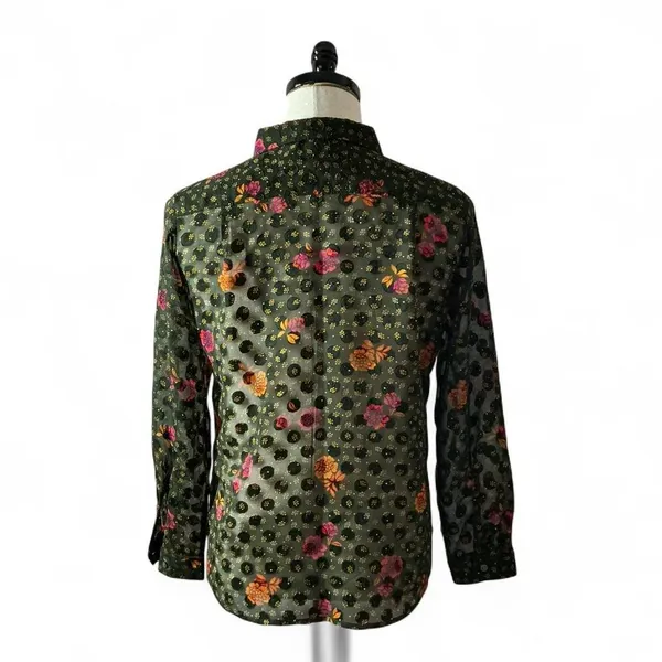 LOFT Floral Swiss Dot Sheer Button Down Blouse Womens M Green Fall Dark Academia - Image 2
