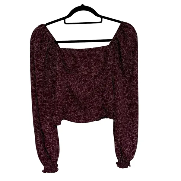 Abercrombie & Fitch Smocked Square Neck Blouse in Burgundy Polka Dot - Size XS - Image 3