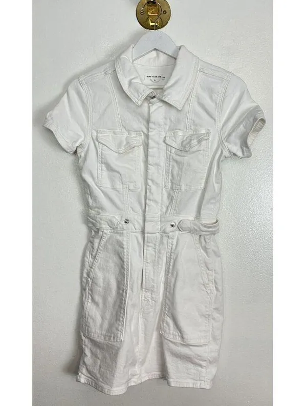 GOOD AMERICAN Fit for Success Denim Utility Dress Denim in Wash White Size Small - Image 4