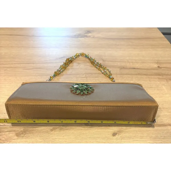 Bronze Satin Evening Clutch‎ Bag Green Rhinestone Brooch Beaded Handle Crossbody - Image 4