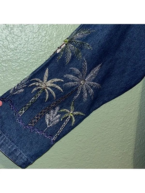 NEW Vintage Blue Jean Jacket Embroidered Palm Trees tropical resort cruise vacay - Image 4