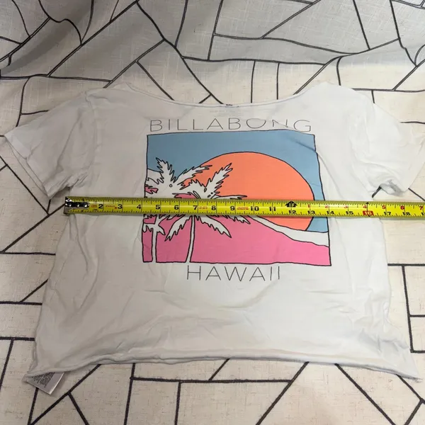 Billabong Hawaii Graphic T-Shirt Small White Cropped Raw Hem Sunset Palm‎ Tree - Image 8