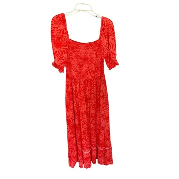 Betsey Johnson Maxi Dress‎ Large Orange Palm Leaf Print Tropical Tiered Smocked - Image 4
