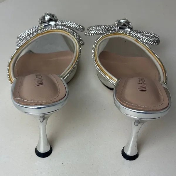 Silver Metallic Clear PVC Crystal Bow Pointed Toe Heels Black Tie Wedding Prom - Image 5