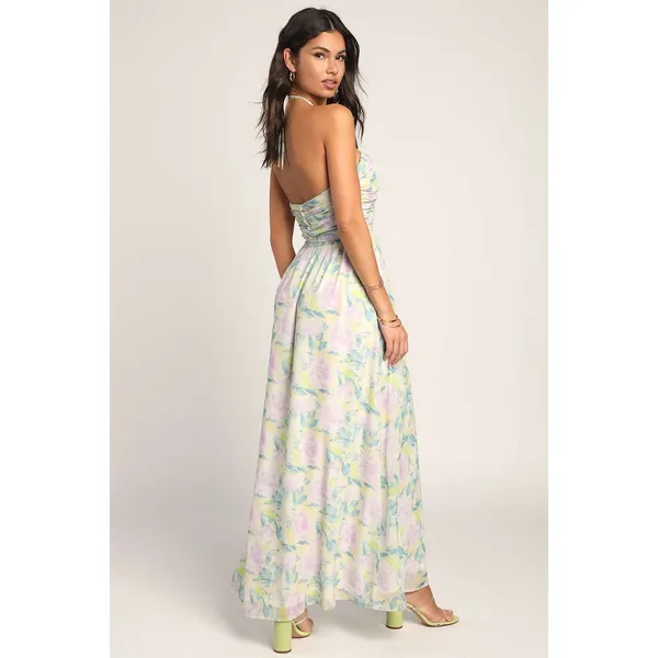 Lulus NWT Effortlessly Abloom Green Multi Floral Ruched Halter Maxi Dress Sz M - Image 4