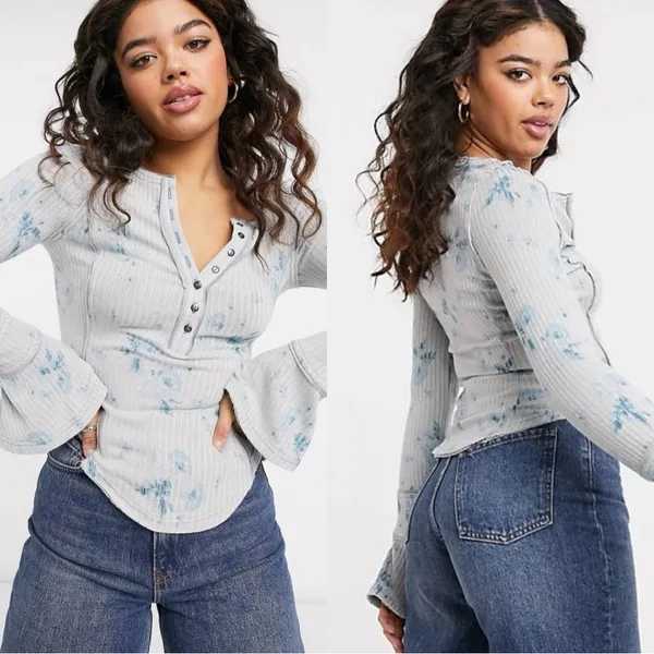 FREE PEOPLE Layer Me Blue Tie Dye Bell Sleeve Thermal Top Shirt Tunic - Image 3