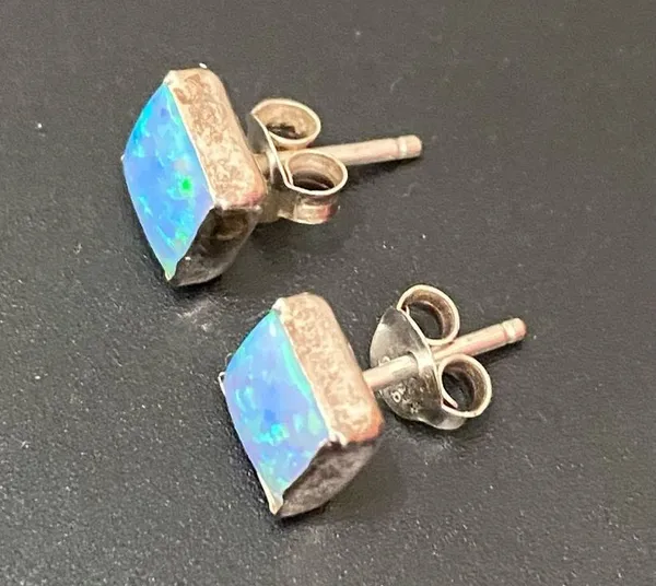 925 Sterling Silver Blue Opal Square Small Stud Earrings - Image 6