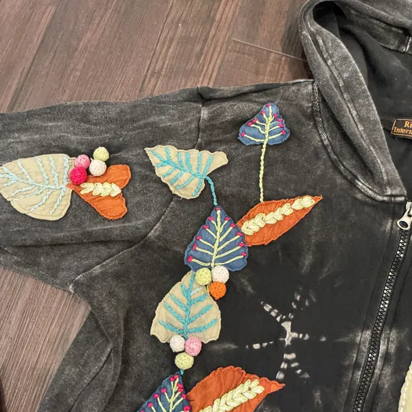 Rising International Hoodie L Grey Owl‎ Appliqué Acid Wash Boho Hippie Zip Up - Image 3