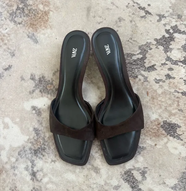 Zara Brown Suede Open-Toe Mid Heel Slide Mules - Image 4
