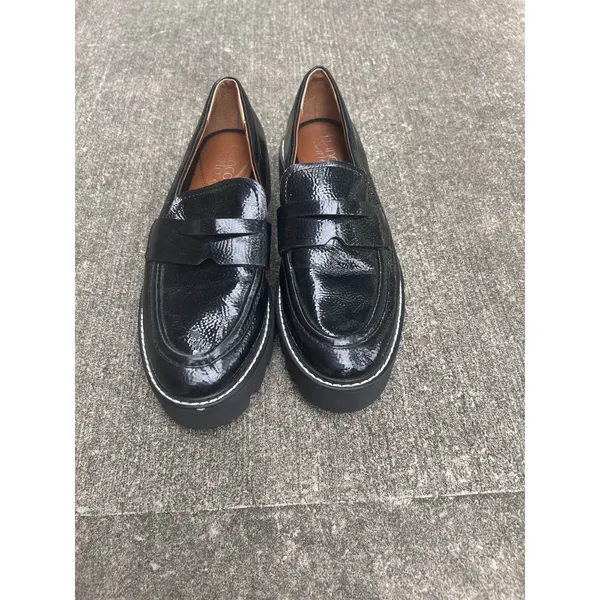 Franco Sarto Balin Black Crinkled Patent Lug Sole Penny Loafers W 7M Platform - Image 2