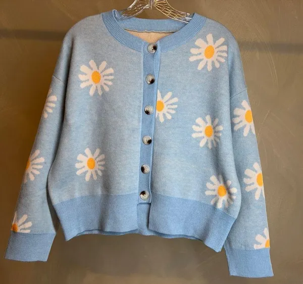 Womens Floral sky Blue Long Sleeve Ribbed Neckline Casual Sweater/Cardigan|Sz:S - Image 16