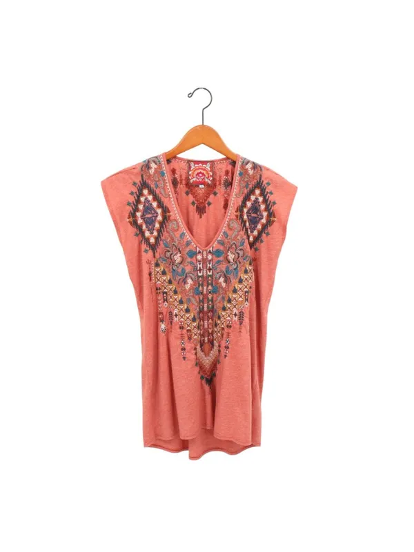 Johnny Was Embroidered Terracotta Cap Sleeve V-Neck Tee Shirt Top S - Image 2