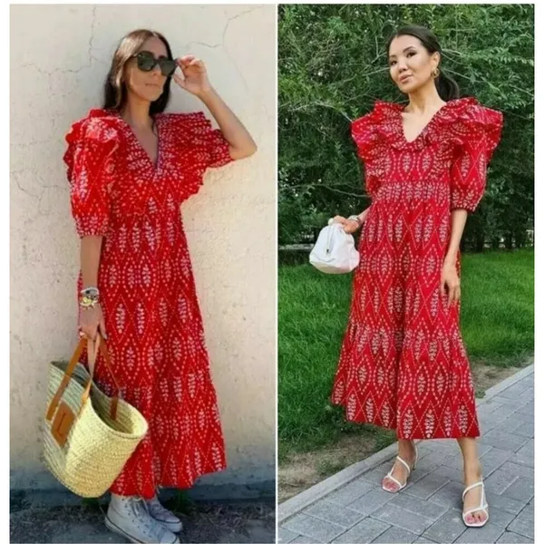 Zara Red Dress with Eyelet Embroidery Midi Length Size Small‎ - Image 11