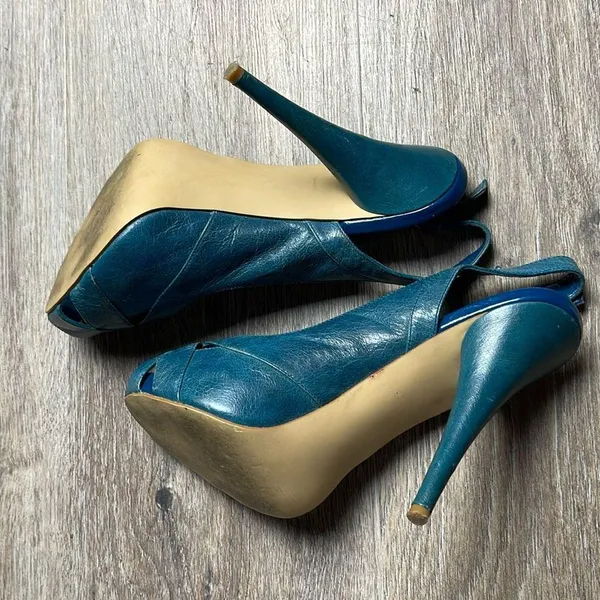 Steve Madden Leather Marlene Teal Peep Toe Heels - Image 10