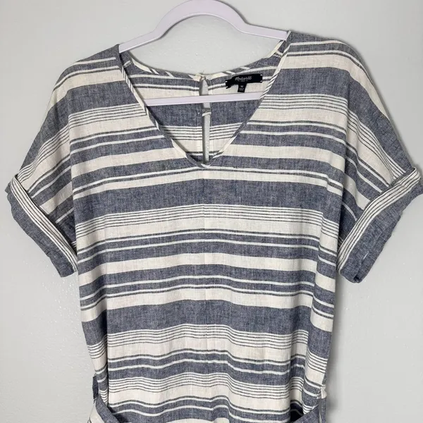 MADEWELL Size-M Romper Perimeter Striped Linen Blend Navy Blue Belted - Image 13