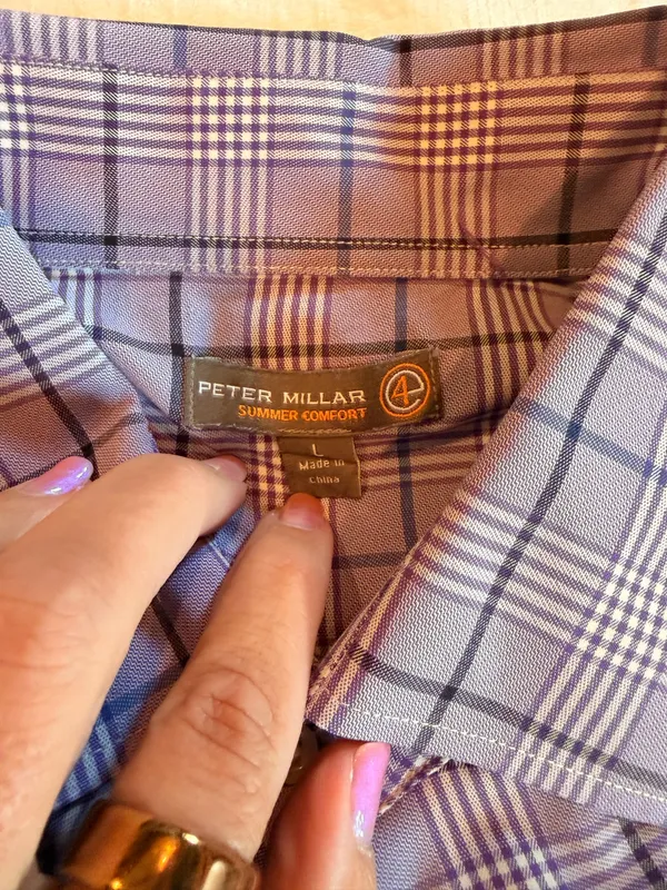 Peter Millar Summer Comfort Blue Glen Plaid Stretch Button Front Dress Shirt Men’s Large - Image 2