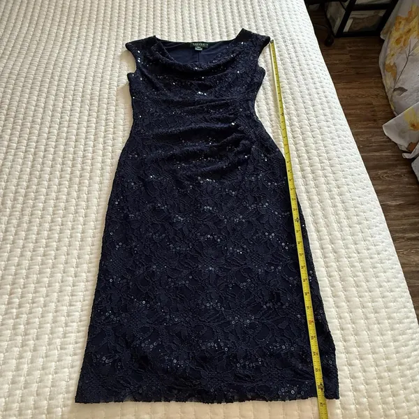 Lauren Ralph Lauren Blue Sequin Lace Ruched Sheath Cocktail Dress Sz 4 - Image 2