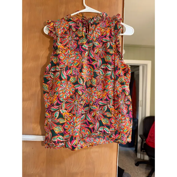 J. Crew Factory Women's Size Medium Sleeveless Ruffle Top Dark Green Pink Orange - Image 6