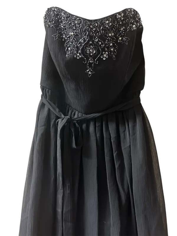 Davids Bridal Strapless Mini Crinkle Chiffon Empire Beaded Dress - Image 2